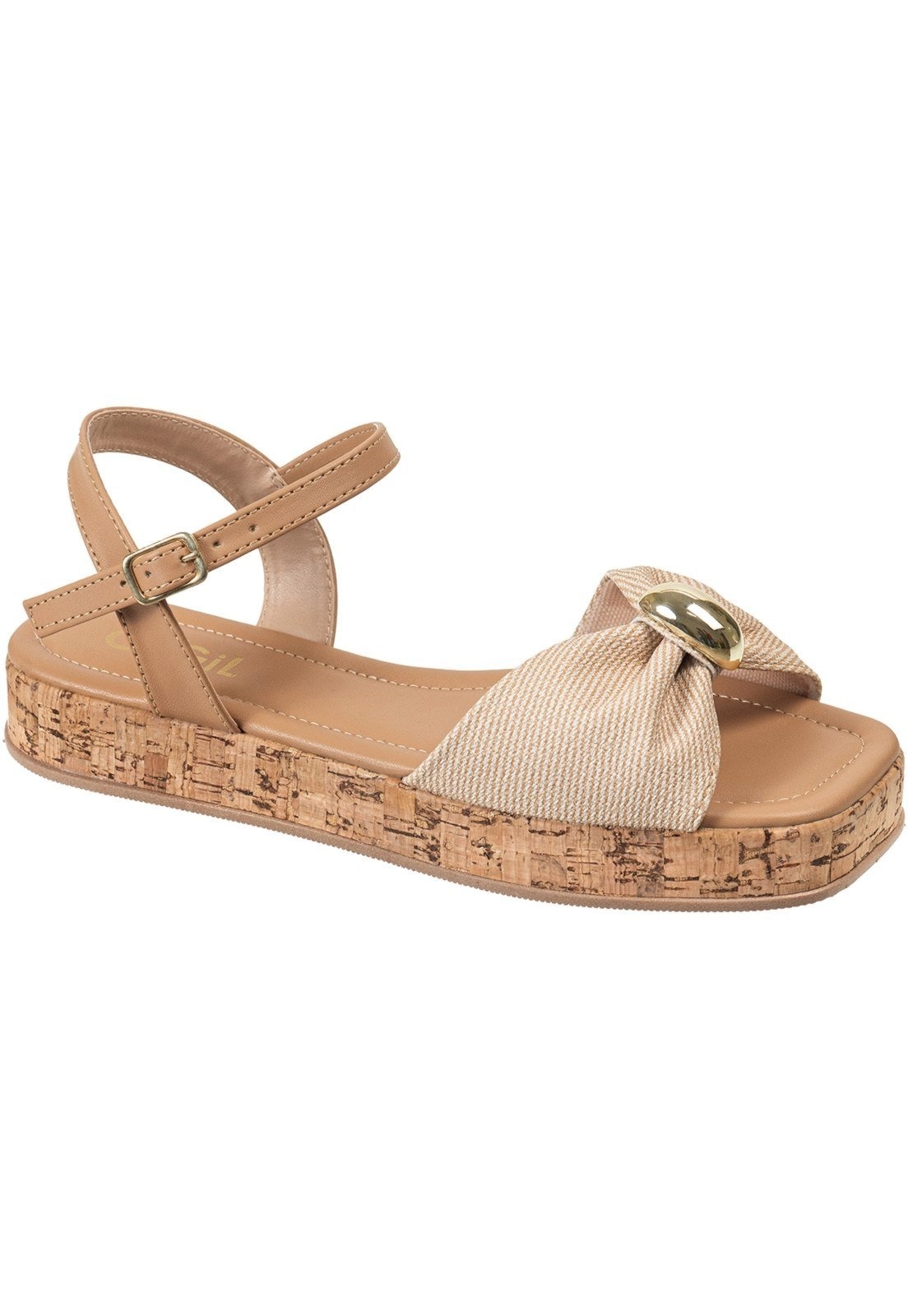 Imagem principal Sandália Feminina GiGiL Flatform Baixo Laço Franzido Enfeite Metalizado Cortiça Palha Gigil bege/nude