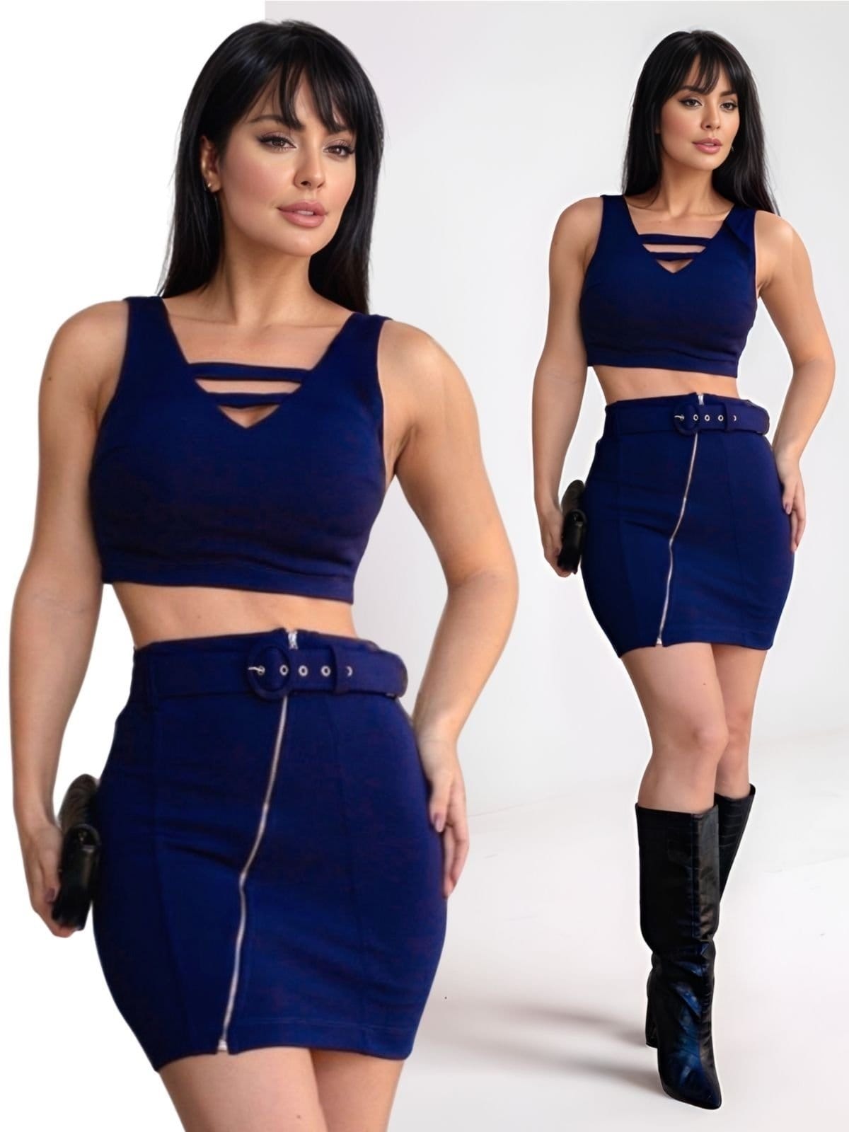 Conjunto Feminino Tropical Fashion Cropped Vazado Saia com Zíper