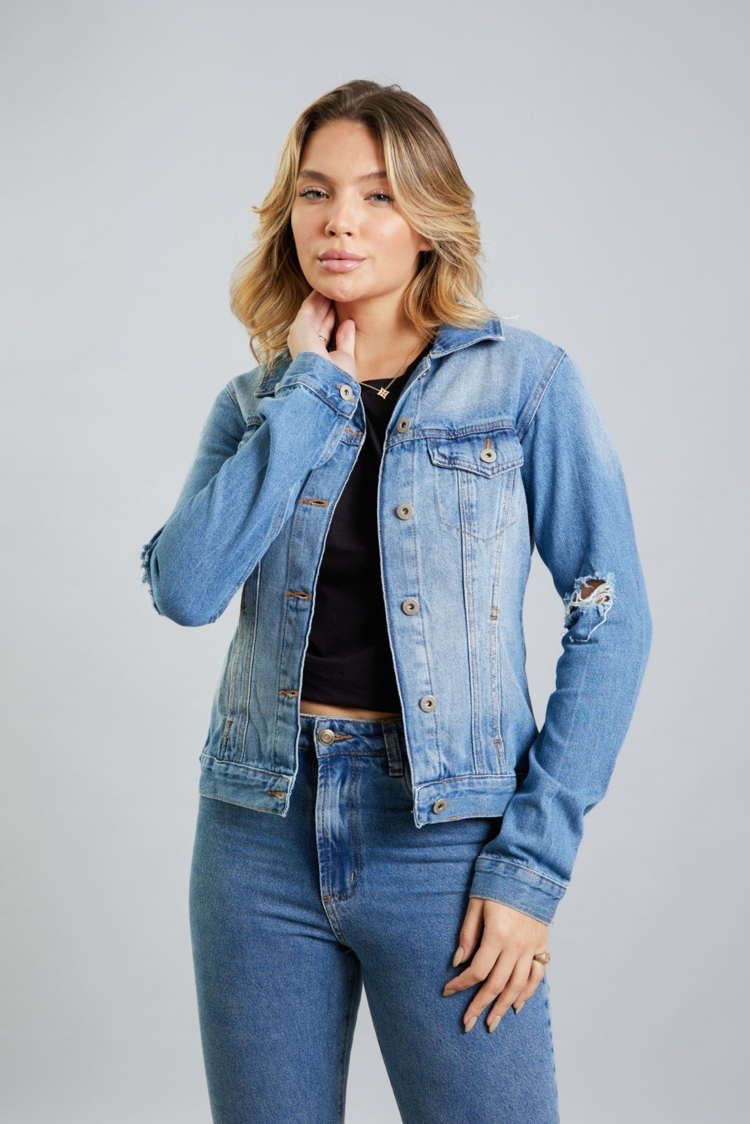 Imagem principal Jaqueta Jeans Feminina Tradicional Destroyed Lemier LEMIER azul