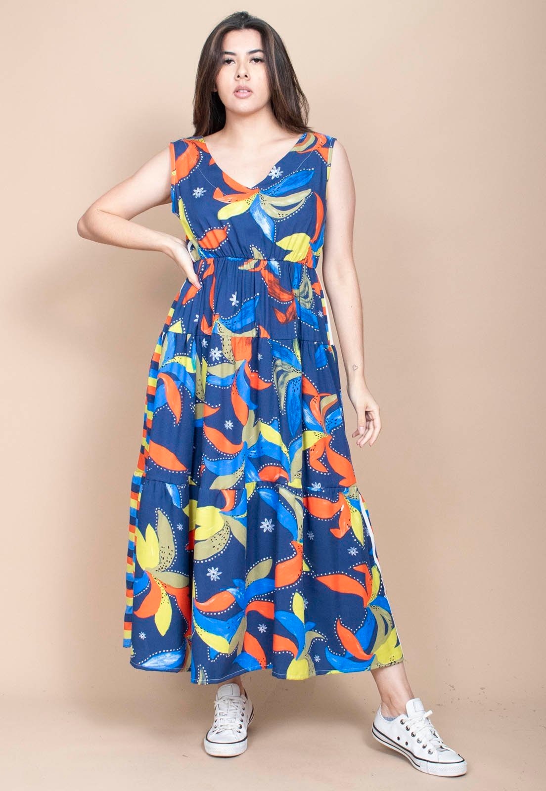 Imagem principal Vestido Cabanafree Regata Longo Peri Viscose Camadas Estampa Maré Vibrante Cabanafree amarelo/azul/estampado/laranja/verde