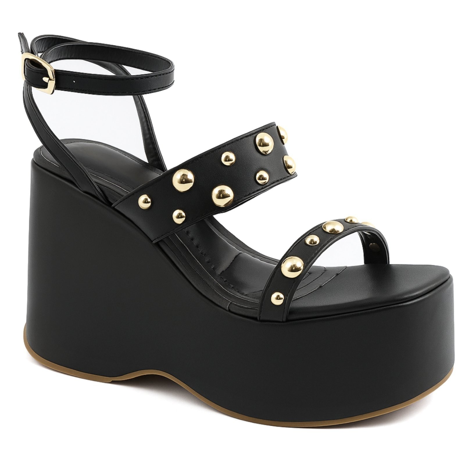 Imagem principal Sandália Anabela Plataforma Alta Tira Bolinhas Douradas Feminina Elegante Preta 182172 Hannah Footwear preto