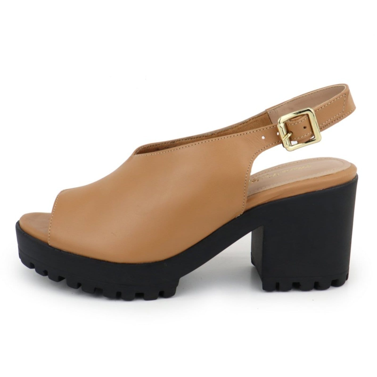 Sandália Salto Bloco Tratorada em Couro Fechamento em V Maria Paula Coconut