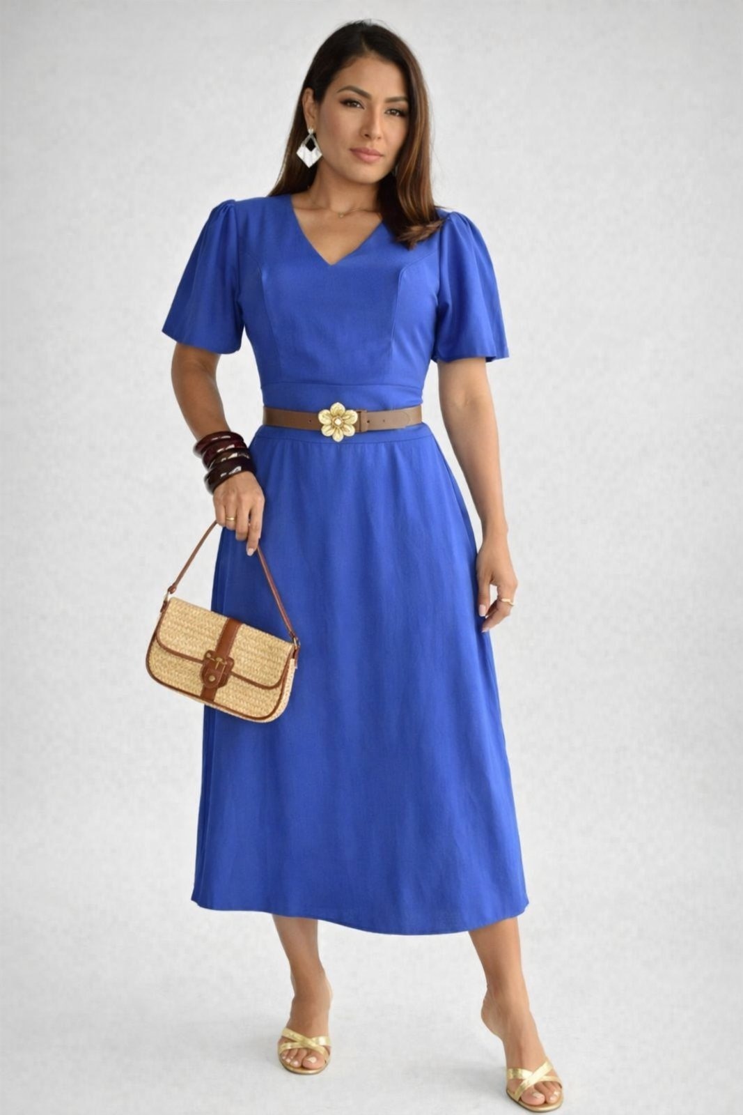 Imagem principal Vestido Midi D Bell Outlet Fashion Gola V Com Cinto Royal D BELL OUTLET FASHION azul