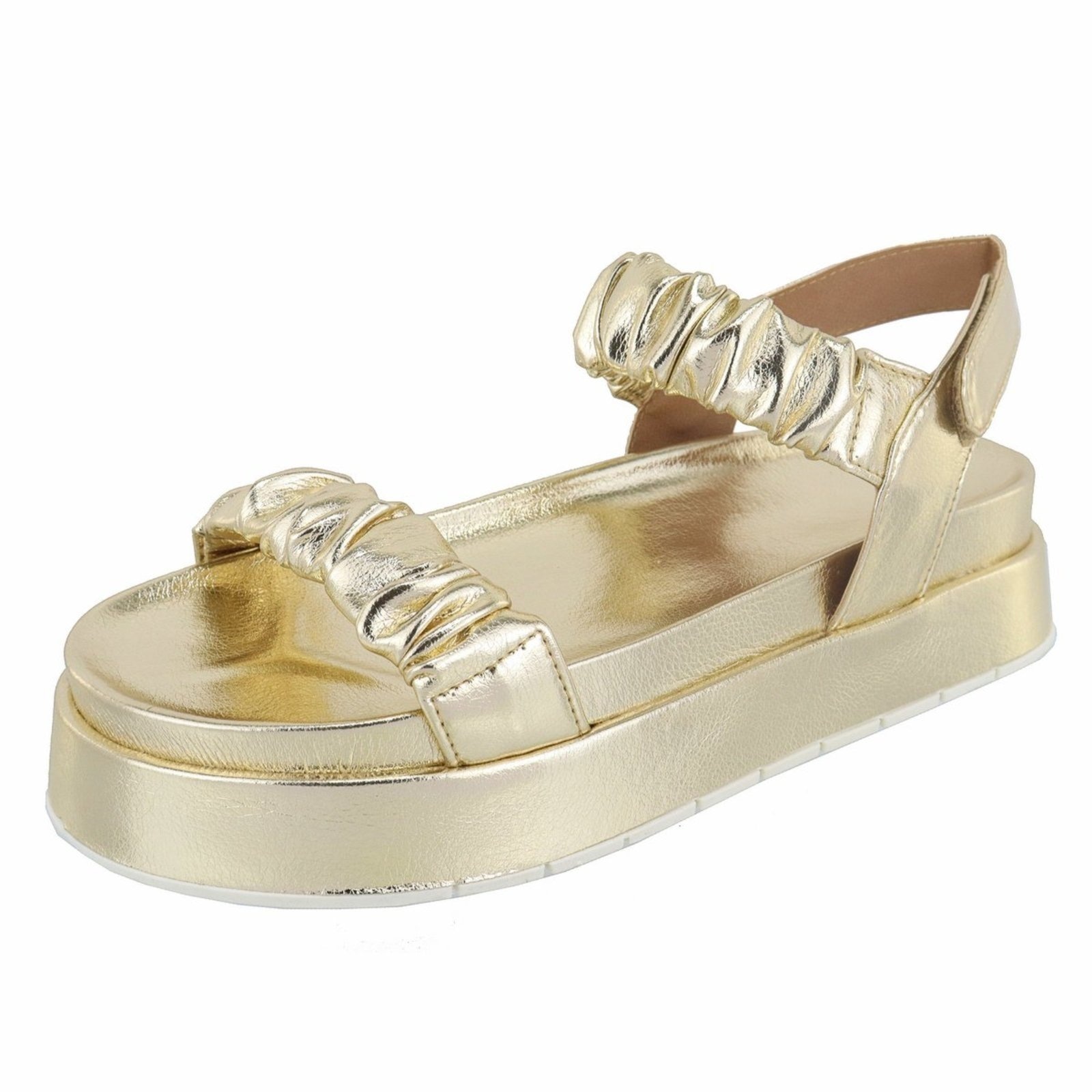 Imagem principal Sandália Flatform Papete Feminina Paula B Com Tiras Enrugadas E Amarração No Tornozelo Estilo E Conforto PAULA B dourado