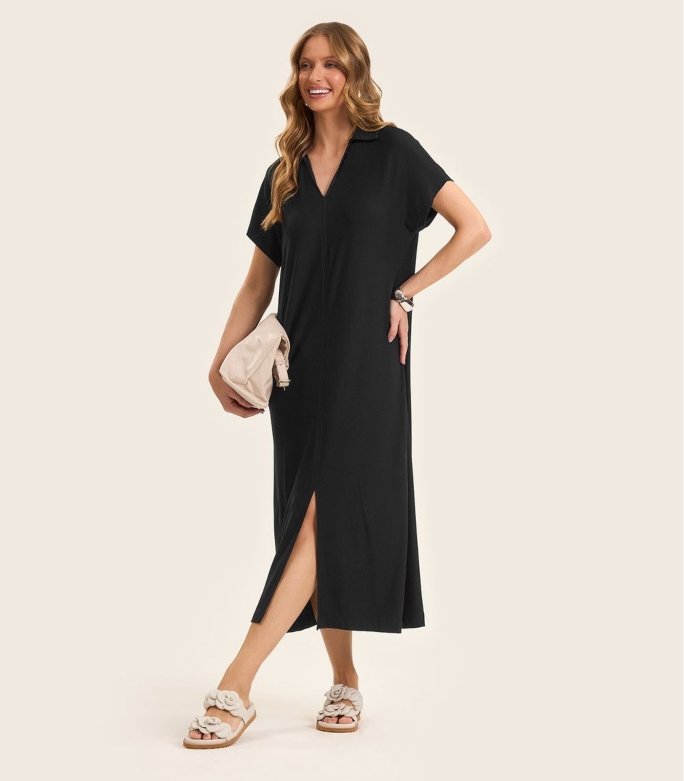 Imagem principal Vestido Midi em Visco Creponada Rovitex Rovitex preto