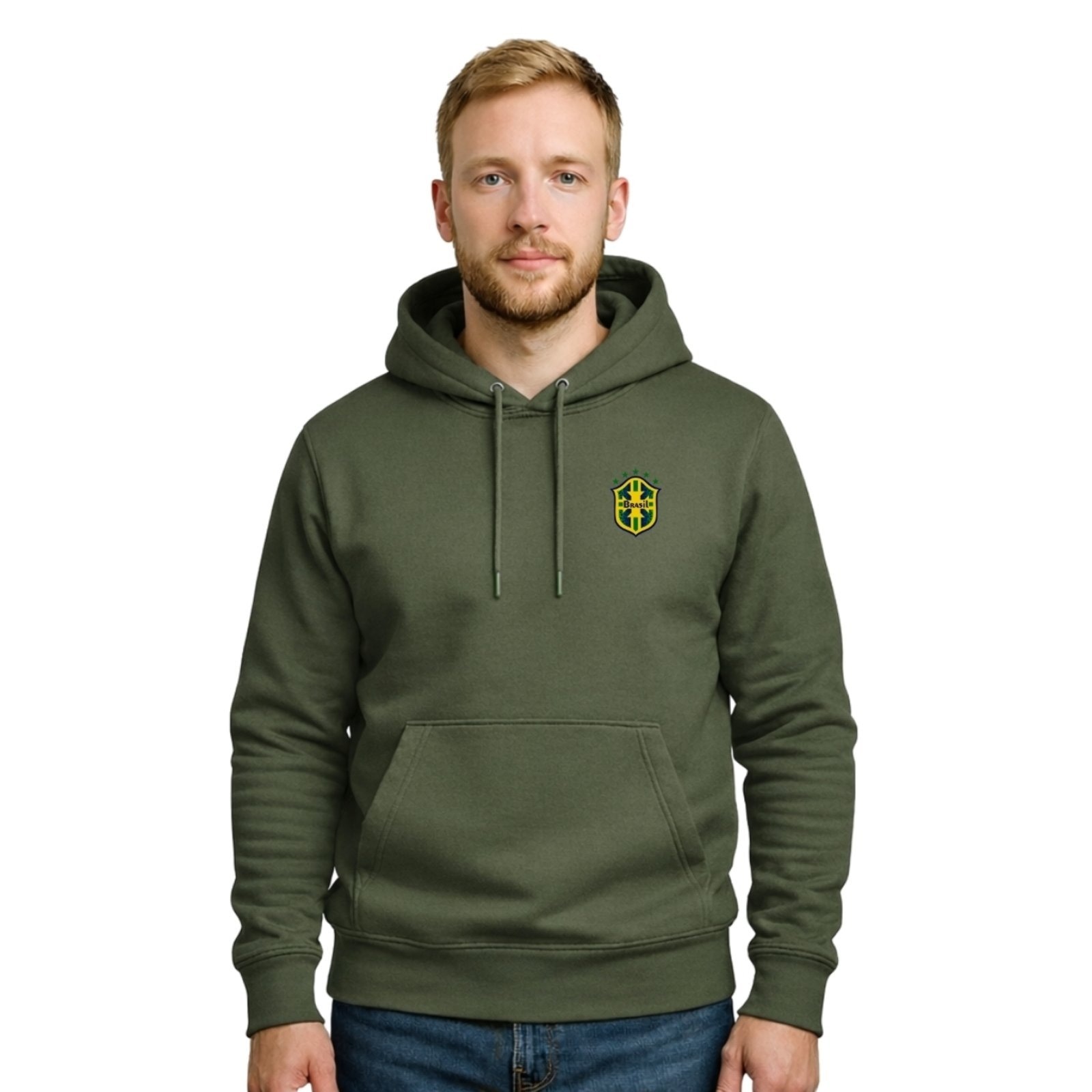 Imagem principal Moletom Modelo Canguru Com Capuz Masculino Estampado Brasil Relaxado verde militar