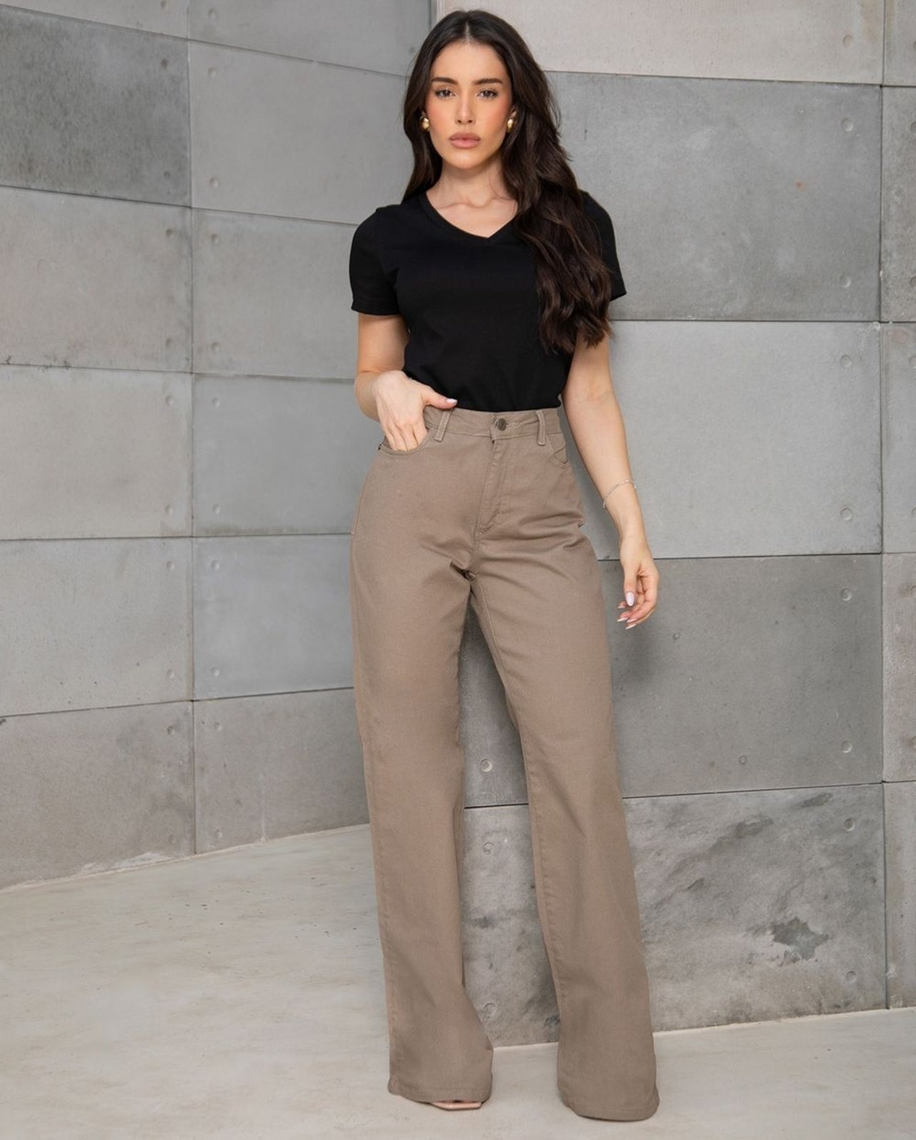 Imagem principal Calça Jeans Wide Leg Feminina Cintura Alta Básica com Elastano 28000 Caqui Consciência cáqui caqui