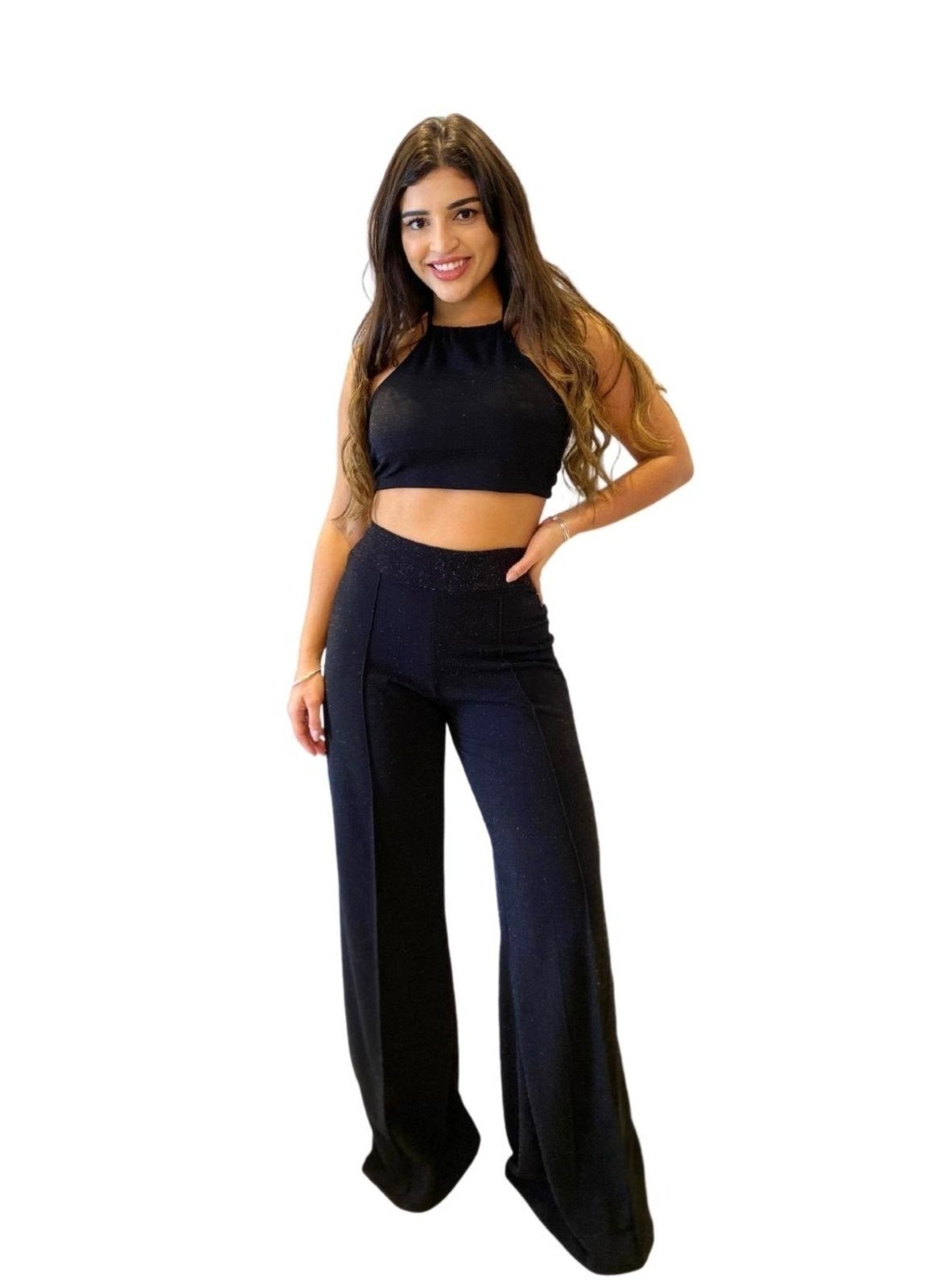 Imagem principal Conjunto Giulianna Lurex Cropped e Calça com Brilho Cia do Vestido preto