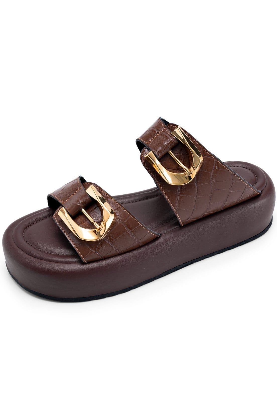 Sandália Flatform Feminina Lumiss Croco Fivelas Dourada Confortável