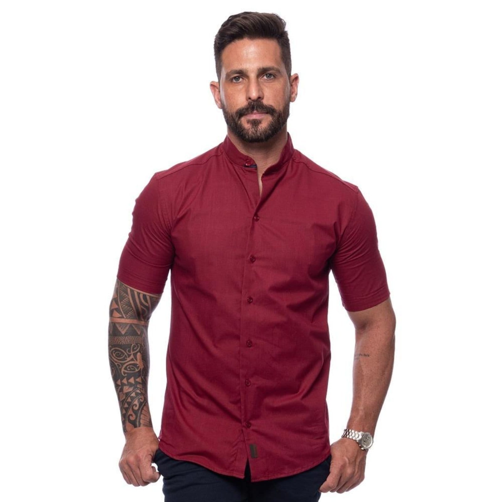 Camisa Masculina Linho Manga Curta Gola Padre Lisa Casual Azul Claro Vinho