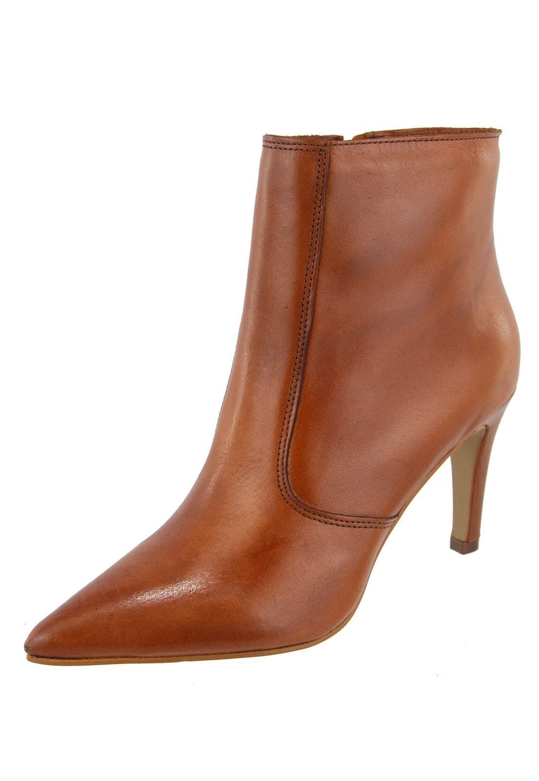 Bota Salto Fino Cano Curto Bico Fino em Couro Maria Paula Camel