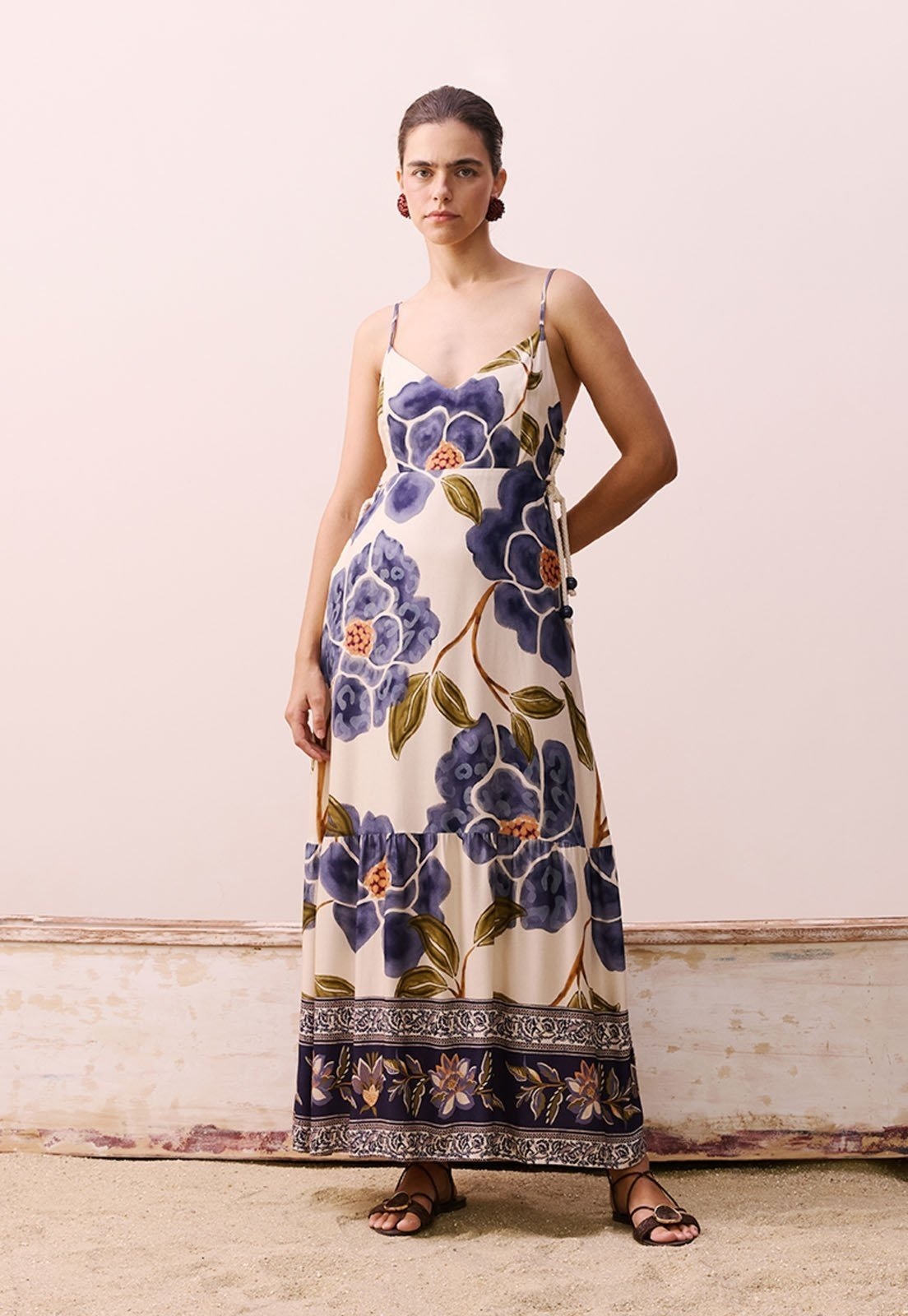 Imagem principal Vestido Midi Busto Amarrações Estampado Papoula CaCay azul