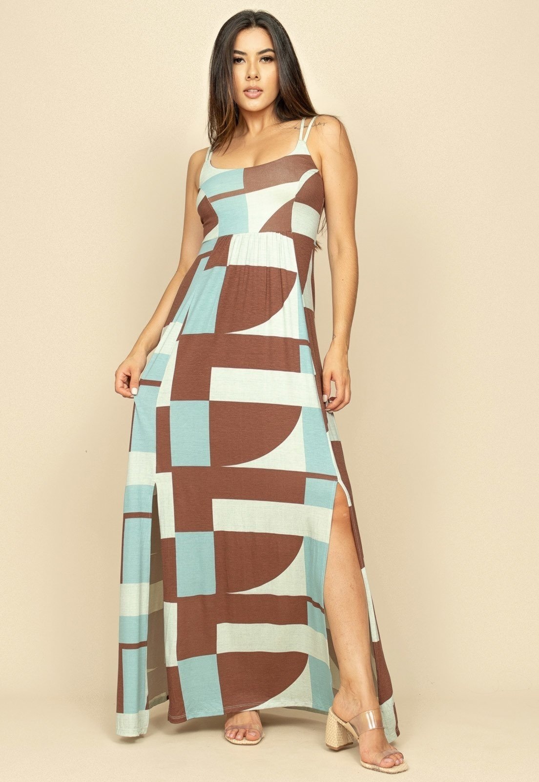 Imagem principal Vestido Longo Jambo Malha Aberturas Estampa Santa Rosa do Tocantins Cabanafree azul/estampado rosa