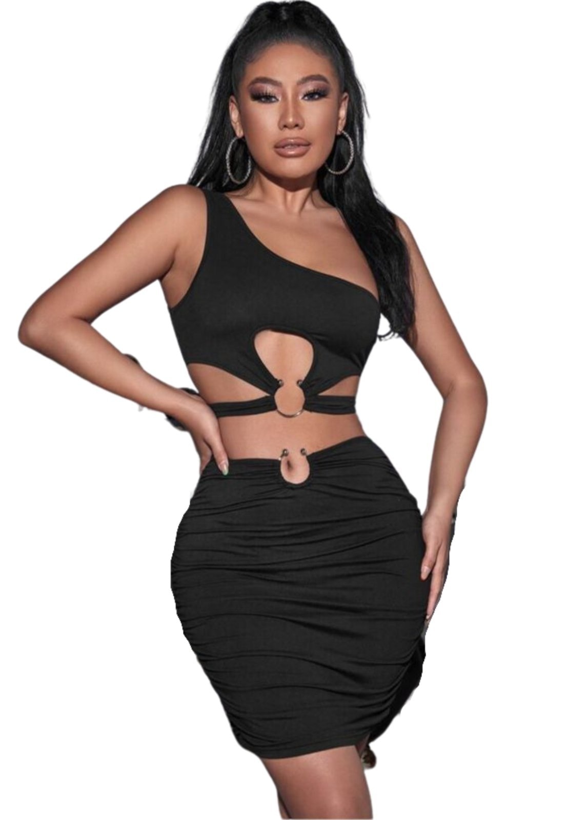 Imagem principal Conjunto Summer Body moda gringa cropped decote mula manca saia argolas Summer Body preto