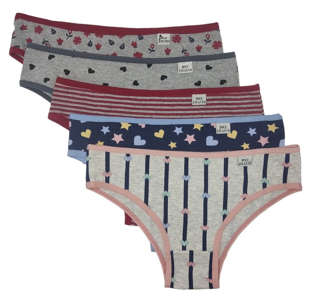 Imagem principal KIT COM 05 CALCINHAS DE ALGODÁO ESTAMPADO DOCE ENCANTO REF 090 Doce Encanto amarelo/azul/bege/branco/preto/verde/vermelho
