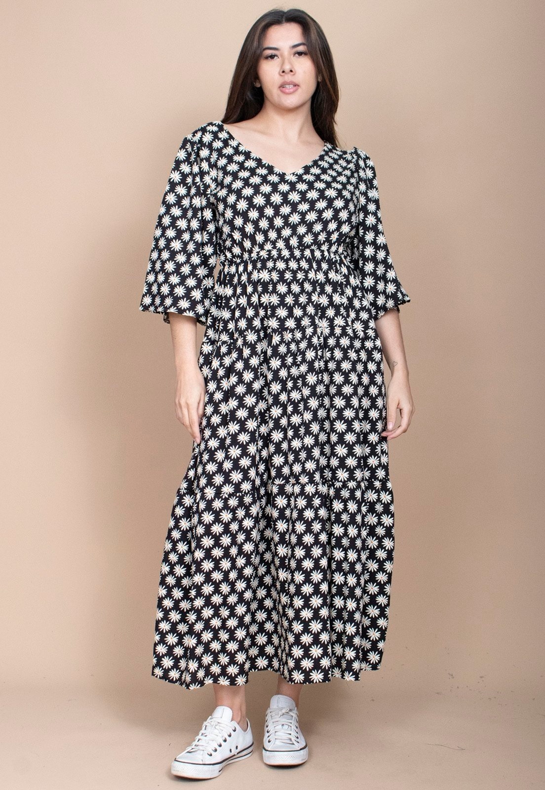 Imagem principal Vestido Longo Cabanafree Plano com Manga e Camadas Estampa Encanto das Margaridas Cabanafree amarelo/estampado/off-white