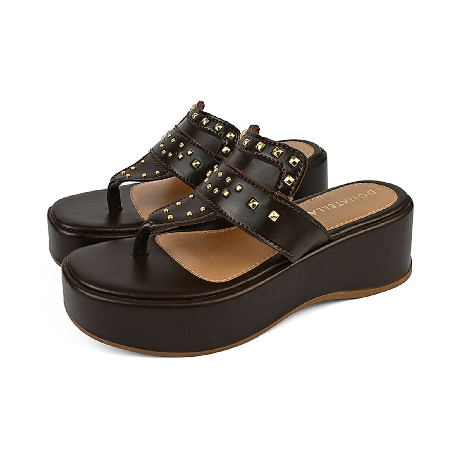 Imagem principal Sandalia Feminina Plataforma Anabela Donatella Shoes Chinelo de Dedo Bico Redondo Rebite Dourado Sola Alta Monte Shoes café