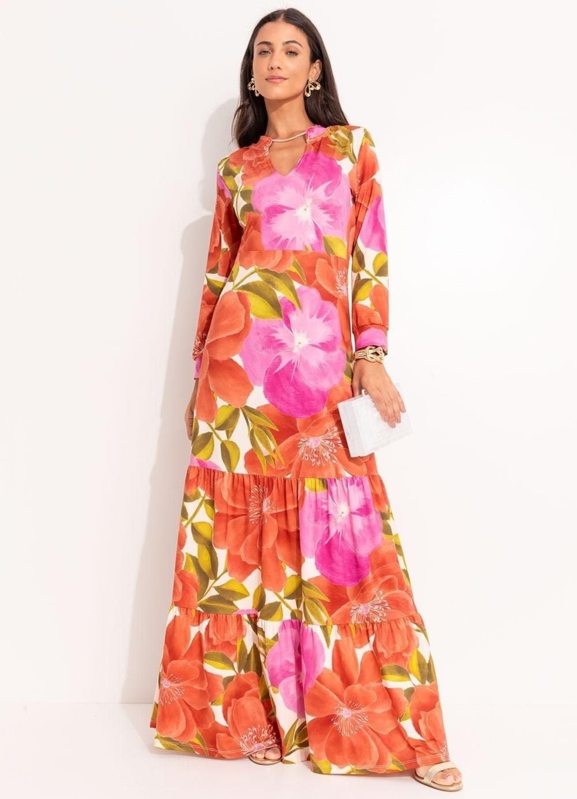 Imagem principal Vestido Malha Fria Floral Maxi Colorido Quintess laranja