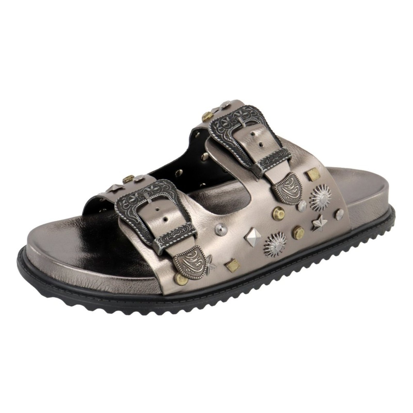 Imagem principal Papete Rasteira Feminina Paula B Com Aplicações de Metais E Fivela Estilo Retro Palmilha Confort PAULA B prata velho