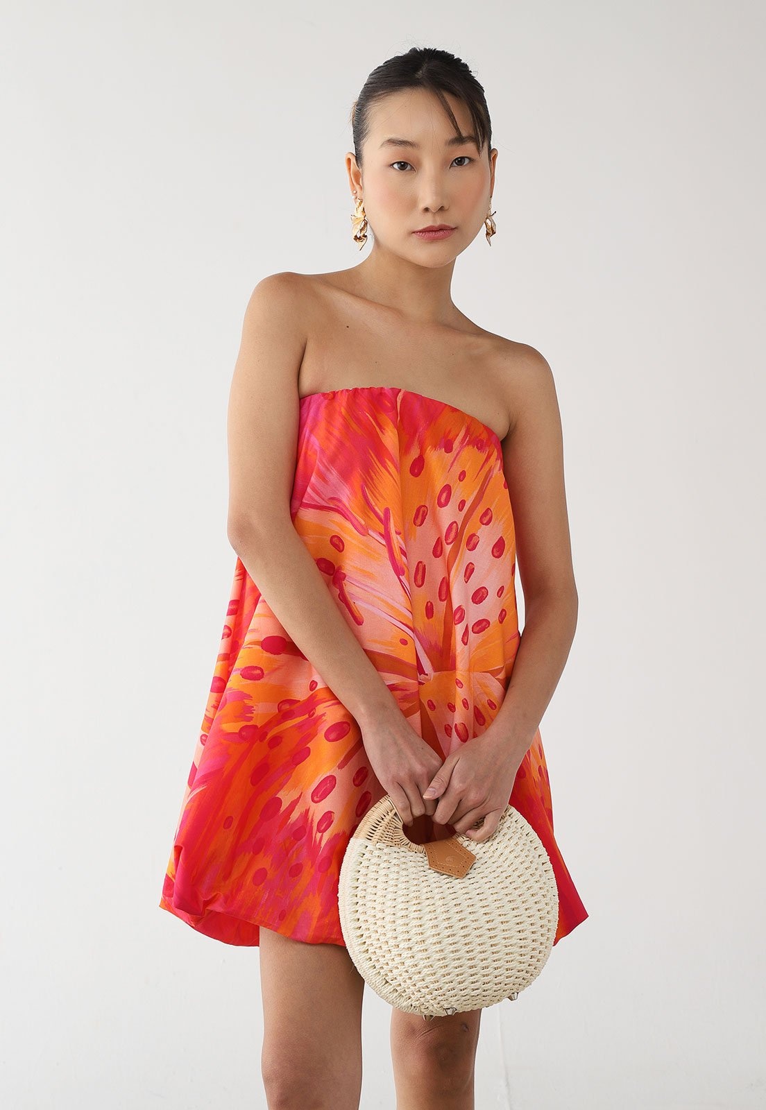 Imagem principal Vestido Feminino FARM Tomara que Caia Estampado Laranja e Rosa e Vermelho FARM laranja rosa