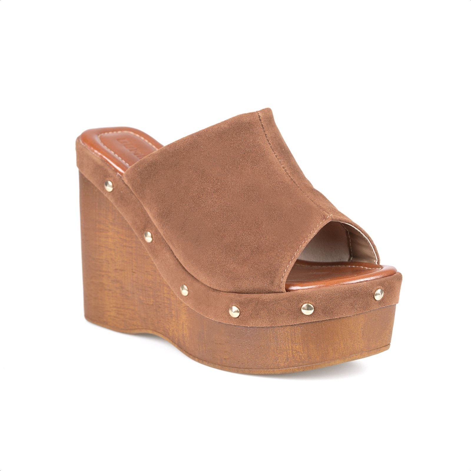 Imagem principal Sandália Feminina Anabela Com Tachas Salto Plataforma Madeira Elegante e Confortável Domidona caramelo