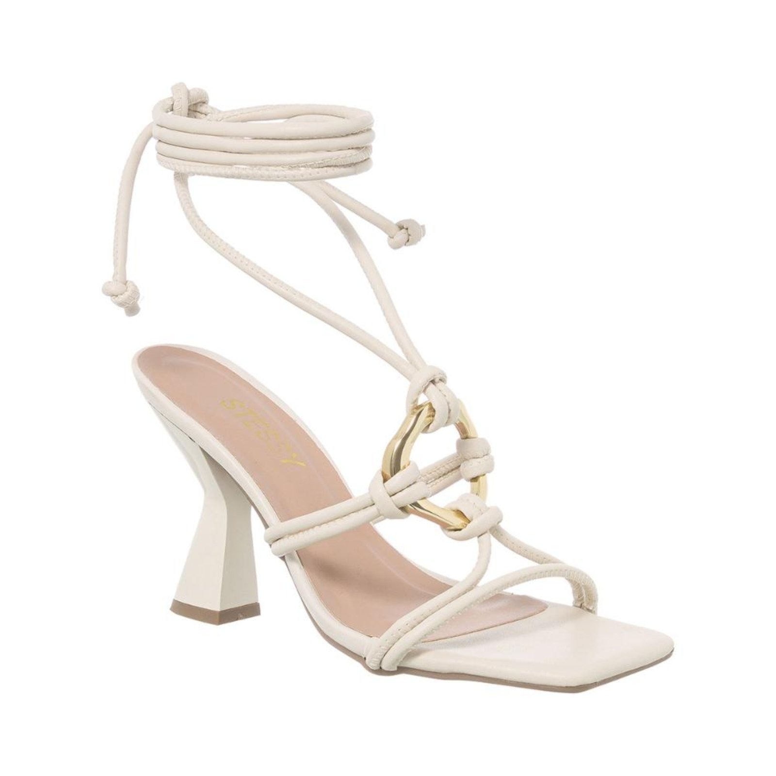 Imagem principal Sandália Amarrar Feminina Salto Alto Grosso Enfeite Orgânico Off White Stessy Shoes off-white white