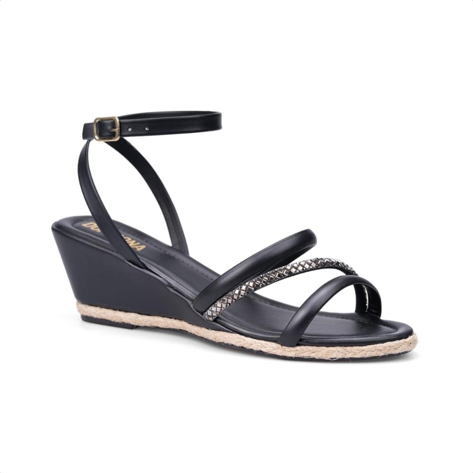 Imagem principal Sandália Anabela Preta Com Detalhe Em Palha Tira De Strass Domidona preto