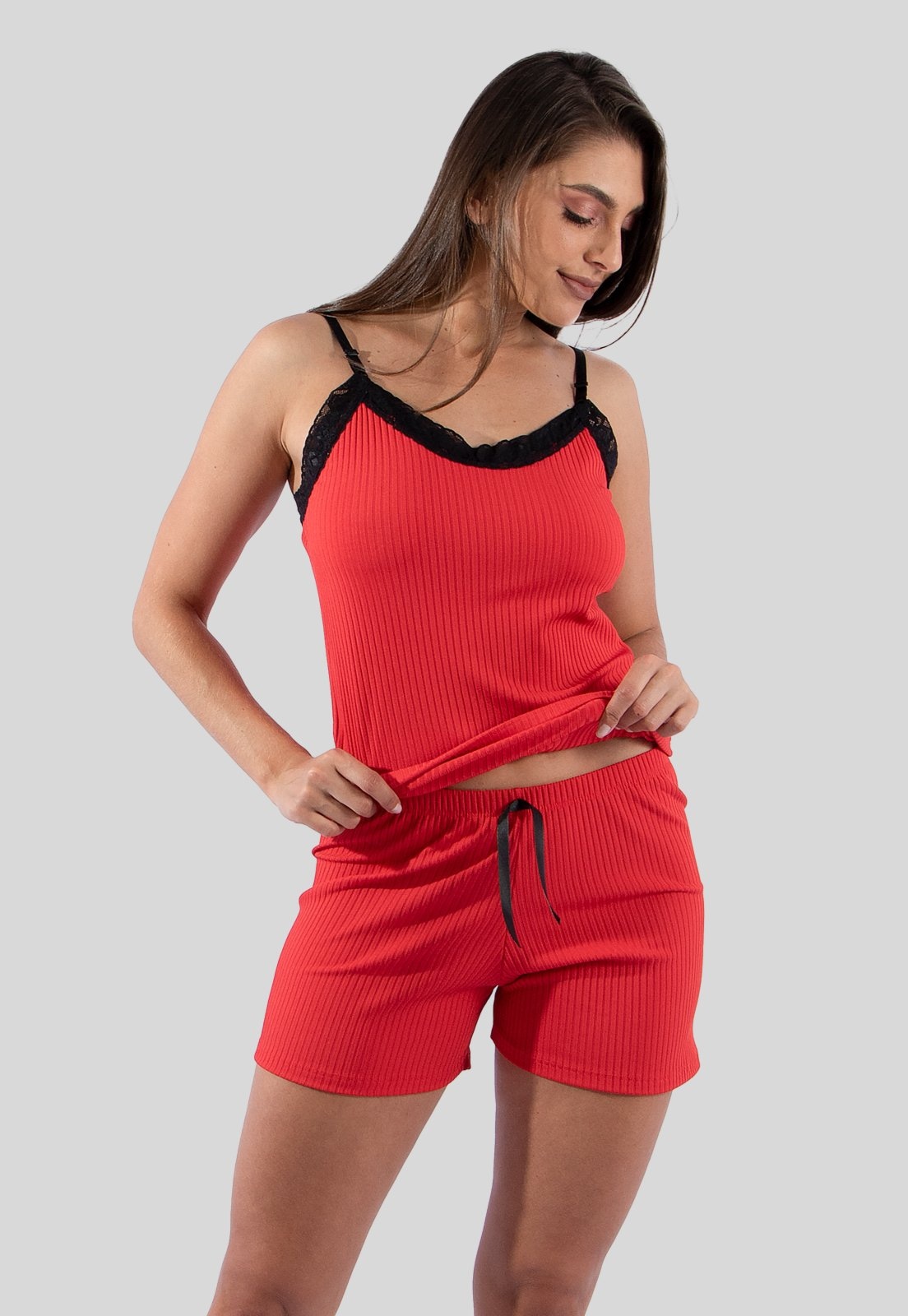 Imagem principal Baby Doll Diluxo Canelado Ribana Detalhe em Renda Diluxo vermelho