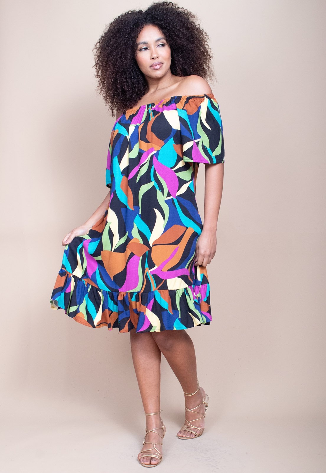 Imagem principal Vestido Curto Cabafree Mullet Ombro a Ombro Estampa Aurora Urbana Cabanafree azul/estampado/marrom/roxo