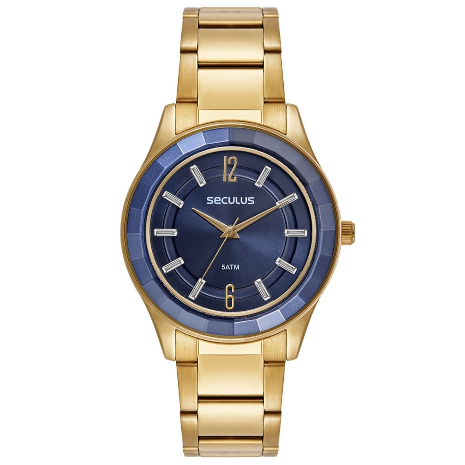 Relógio Feminino Vidro Facetado Cristais Azul e Dourado