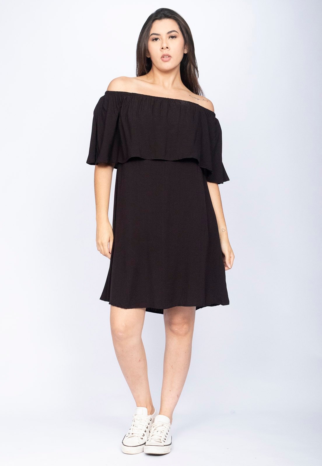 Imagem principal Vestido Curto Cabiúna Viscose Amazonia Vital Ombro a Ombro Babados Amazonia Vital preto