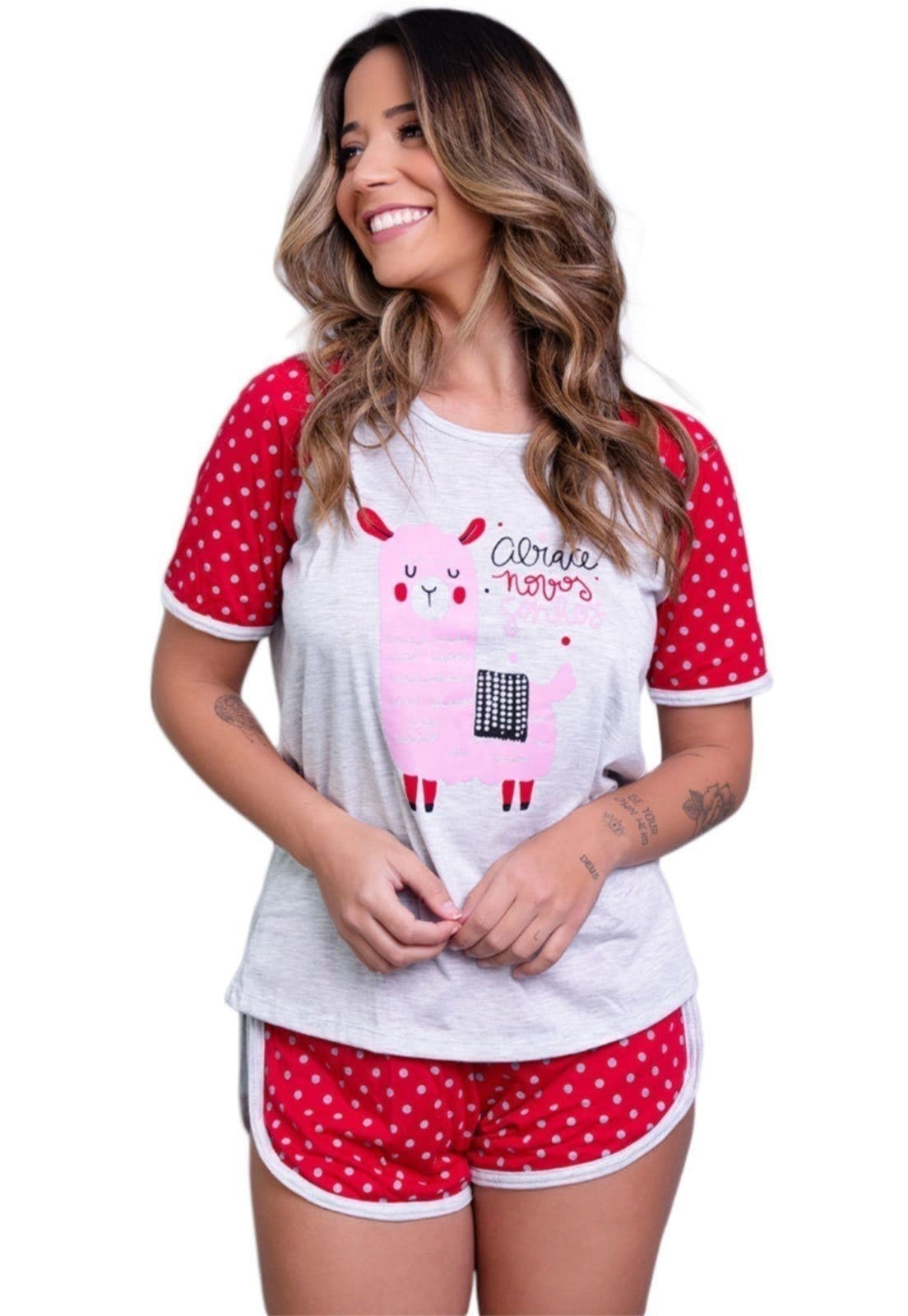 Pijama Feminino Serra e Mar Modas Manga Curta Estampada Adriana