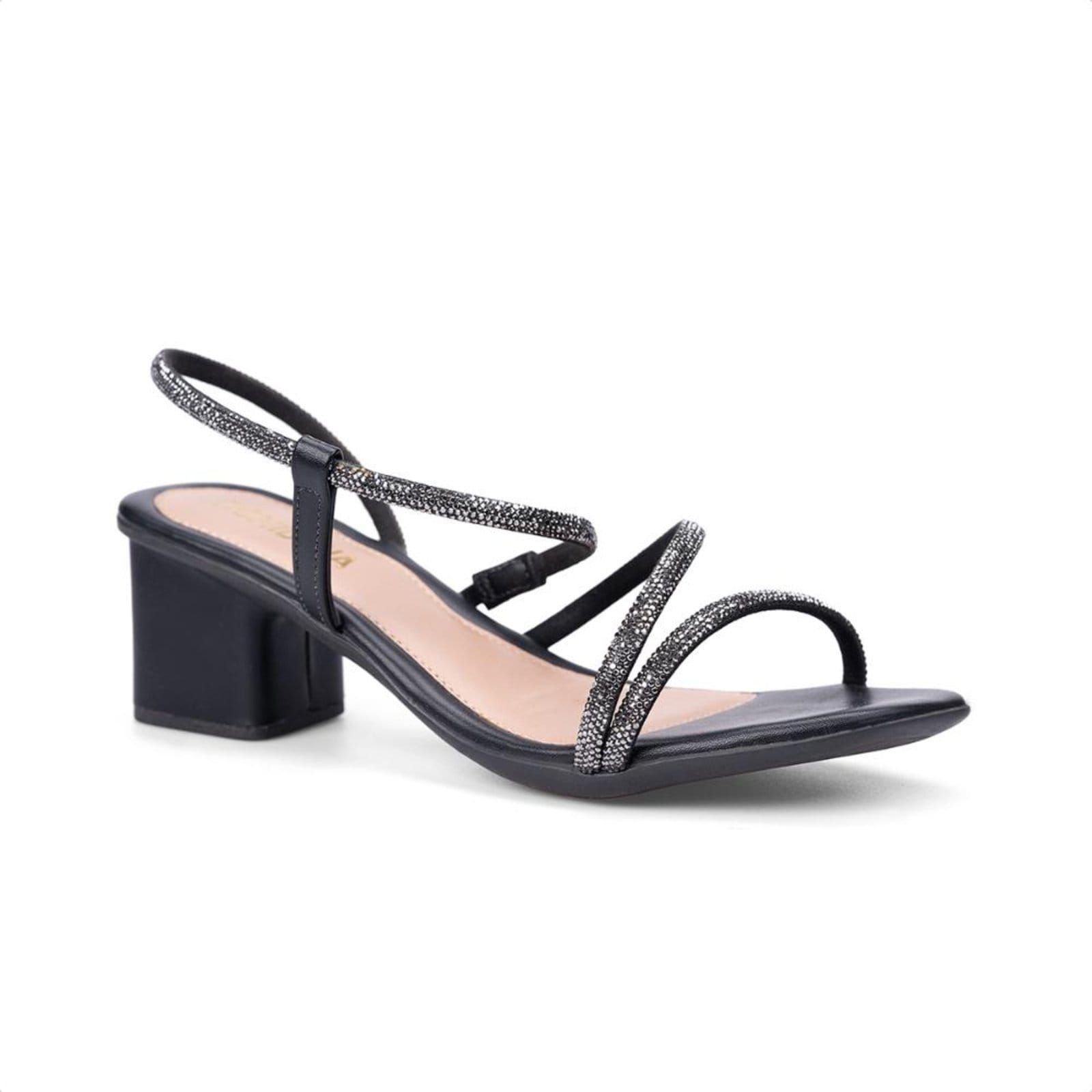 Sandália Feminina Preta Tiras Strass De Amarração Salto Bloco