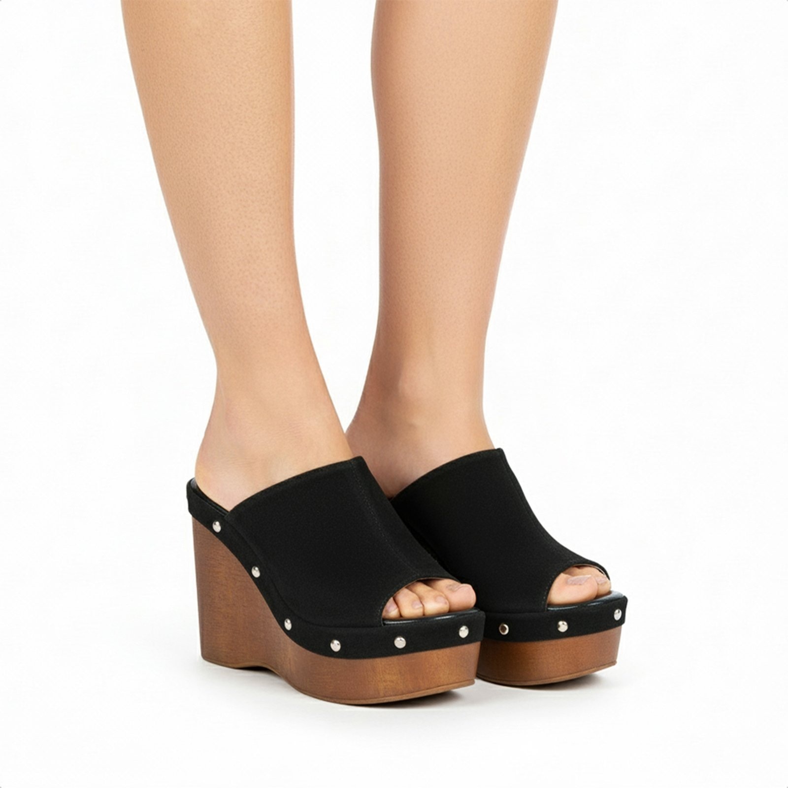 Imagem principal Sandália Feminina Anabela Com Tachas Salto Plataforma Madeira Elegante Preta Domidona preto