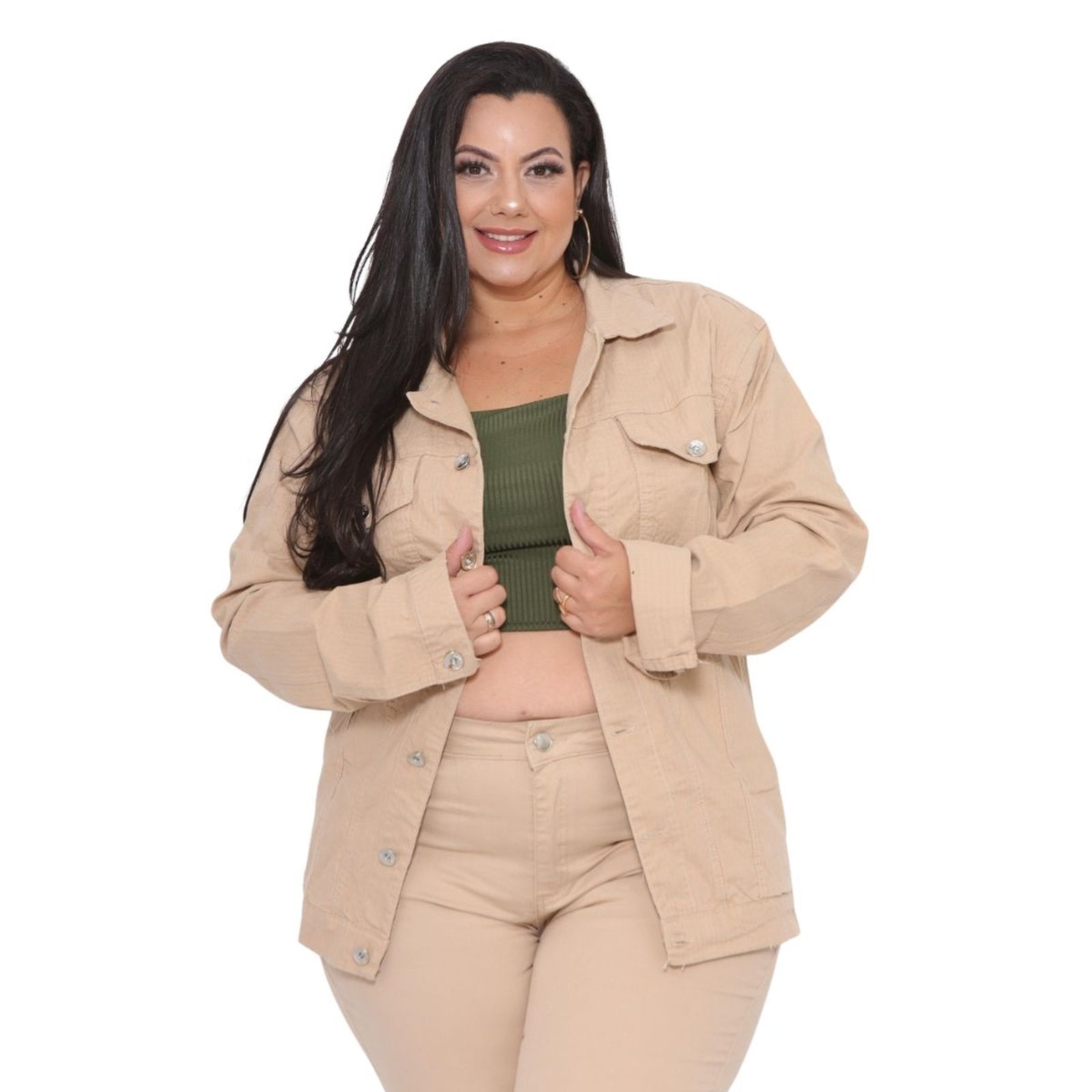 Imagem principal Jaqueta Feminina Plus Size de Sarja cor Creme Tecido Quadriculado Alleppo Jeans bege/cáqui