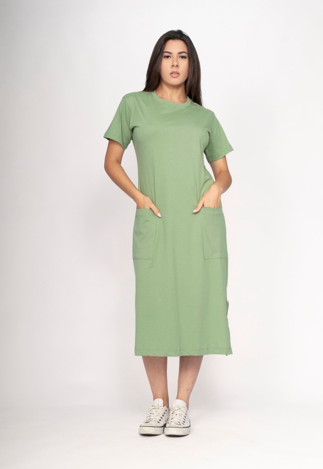 Imagem principal Vestido CabanaFree Midi Algodão Manga Curta 02 Bolsos Folha Viva Cabanafree verde