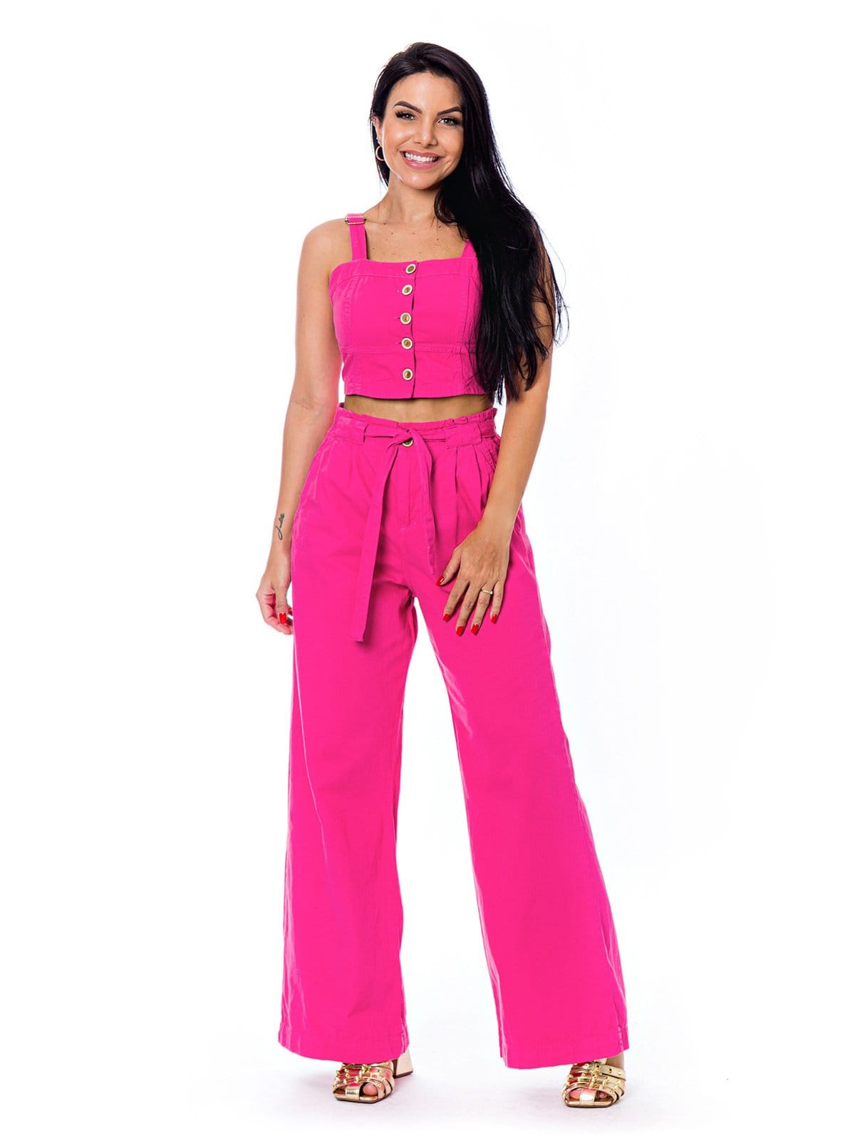 Conjunto Restrito Jeans Cropped e Calça Pantalona