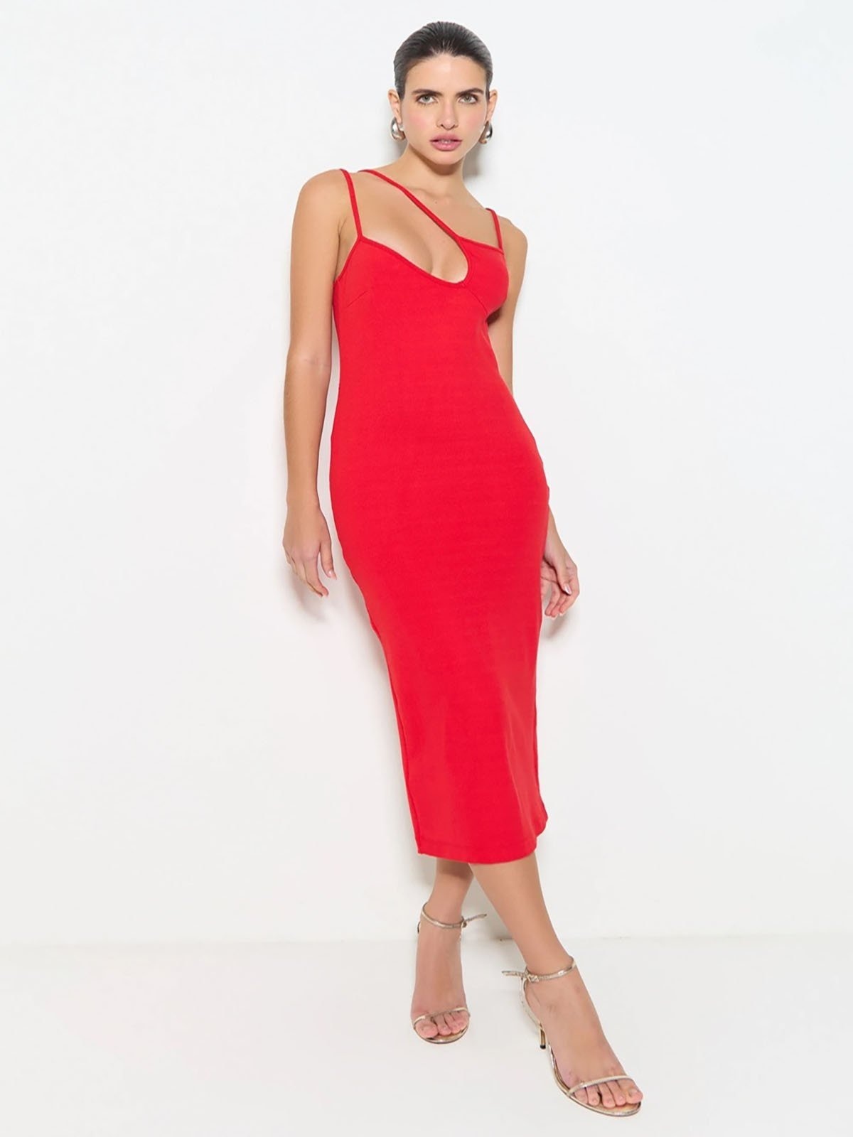 Imagem principal Vestido Midi Zen Com Decote Em Diagonal Em Malha Canelada ZEN vermelho