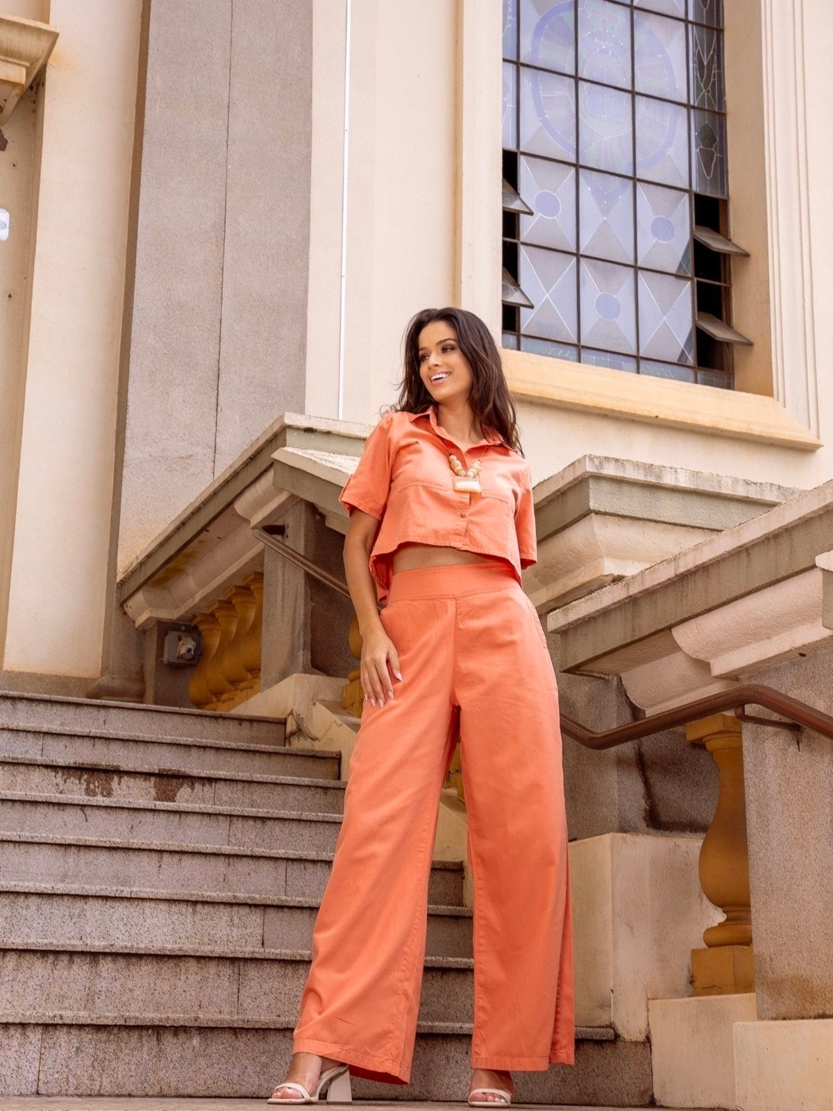 Imagem principal Calça Pantalona Alfaiataria Novah Store Sarja Coral Novah Store laranja coral