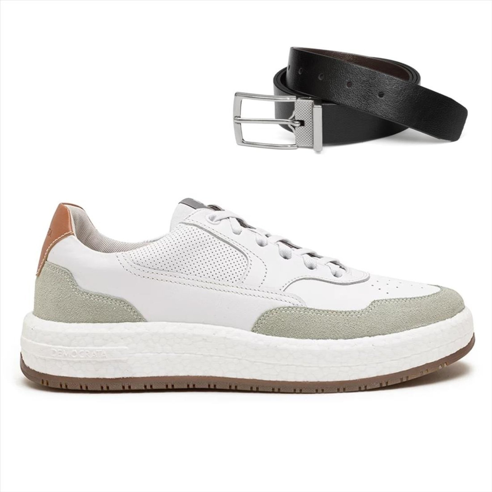 Imagem principal Tênis De Couro Democrata Masculino Denim Drake Pulse 600101 + Cinto Dupla Face DEMOCRATA branco denim