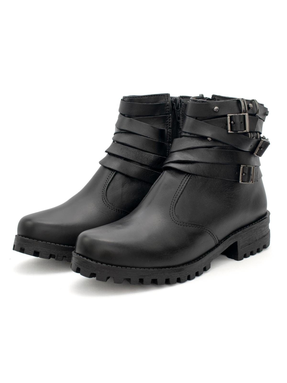Bota Feminina Couro Cano Curto Fivela Ziper Lisa Moda