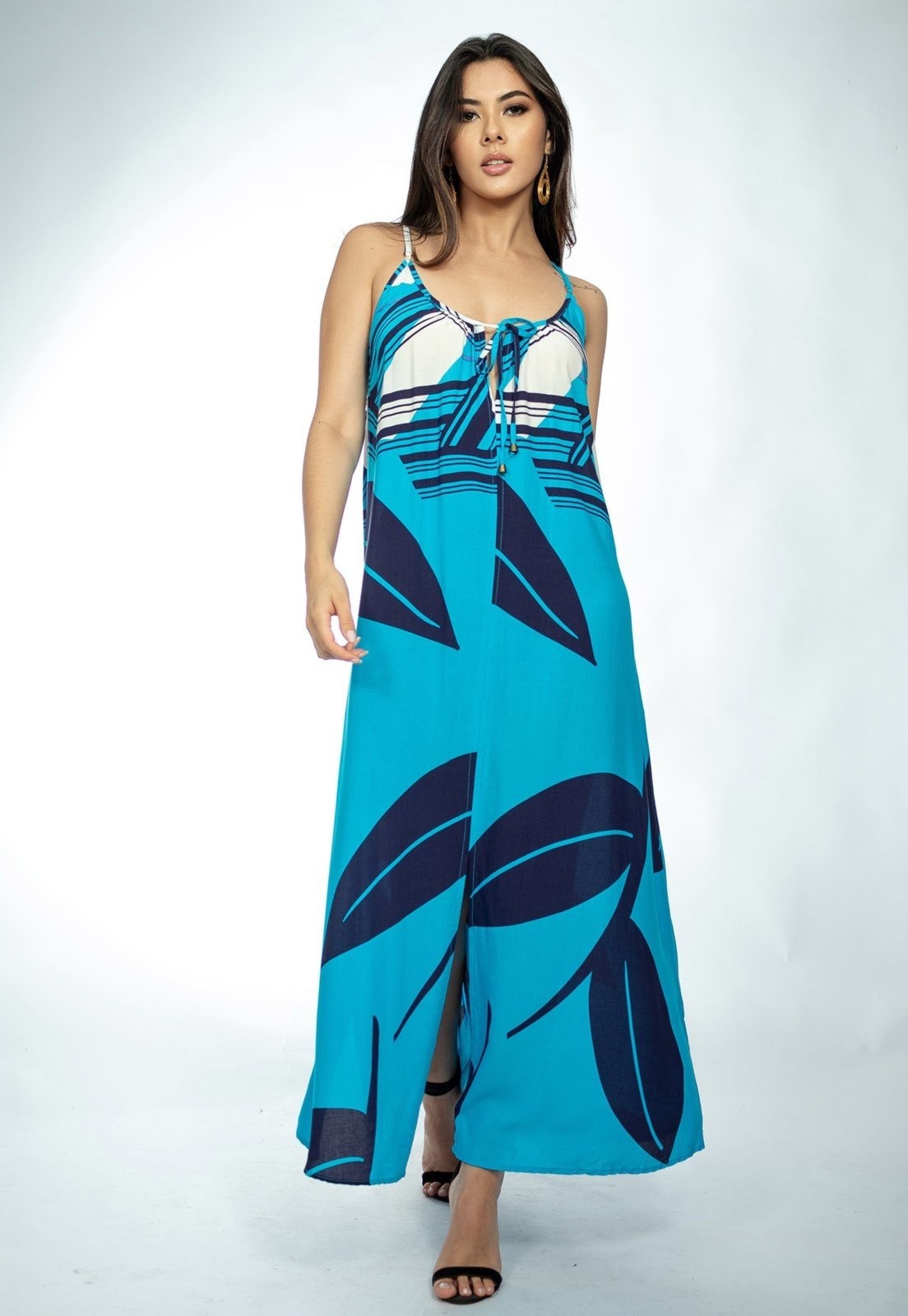 Imagem principal Vestido Longo Caçuá Viscose Amazonia Vital Alça Fina Estampa Imbé Amazonia Vital azul/estampado/blue