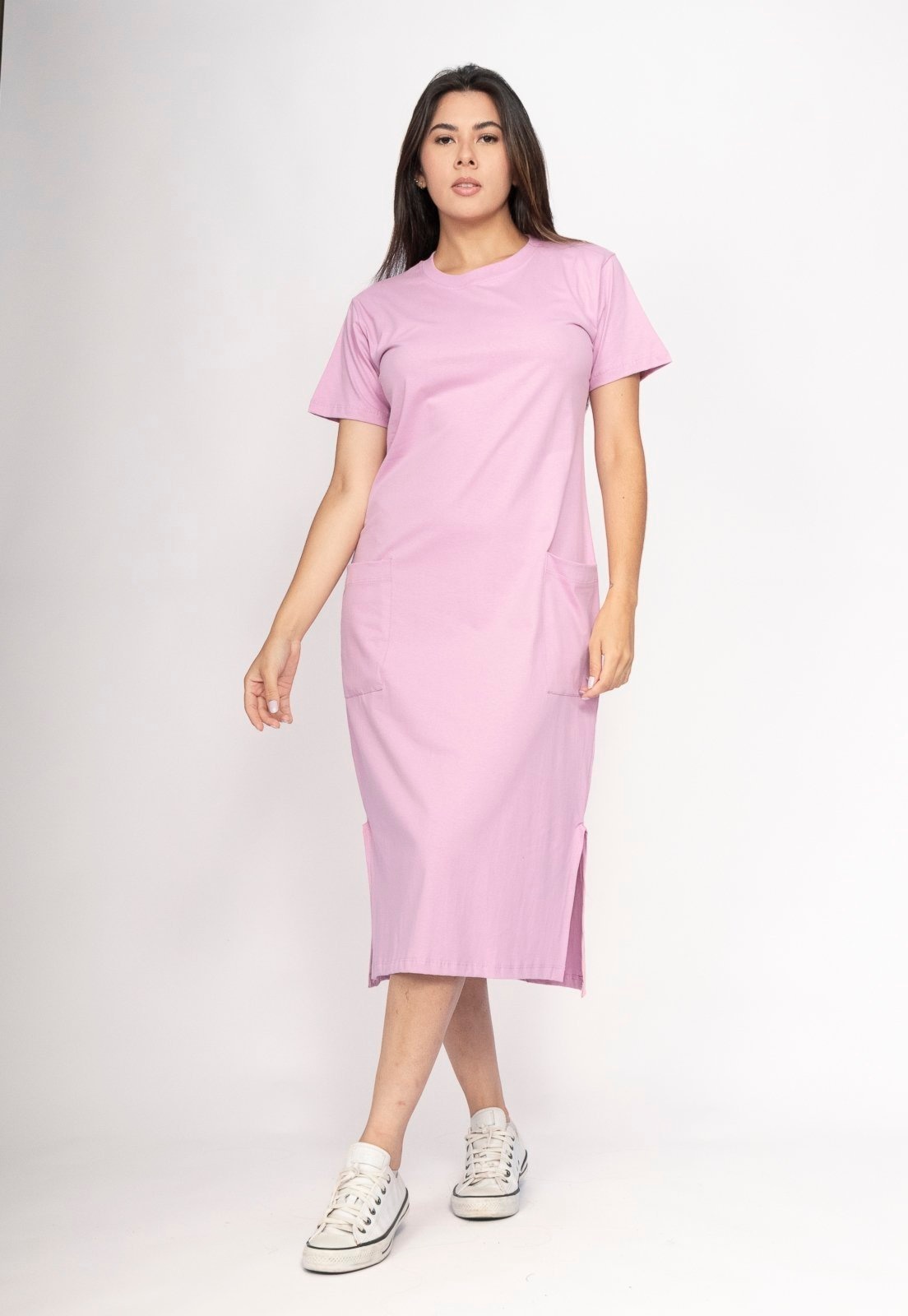 Imagem principal Vestido CabanaFree Midi Algodão Manga Curta 02 Bolsos Flor de Açaí Cabanafree rosa