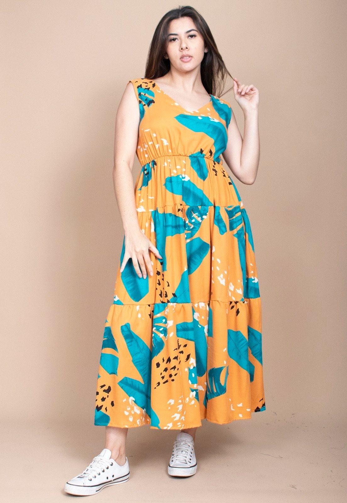 Imagem principal Vestido Cabanafree Regata Longo Peri Viscose Camadas Estampa Aurora Botânica Cabanafree azul/estampado/preto