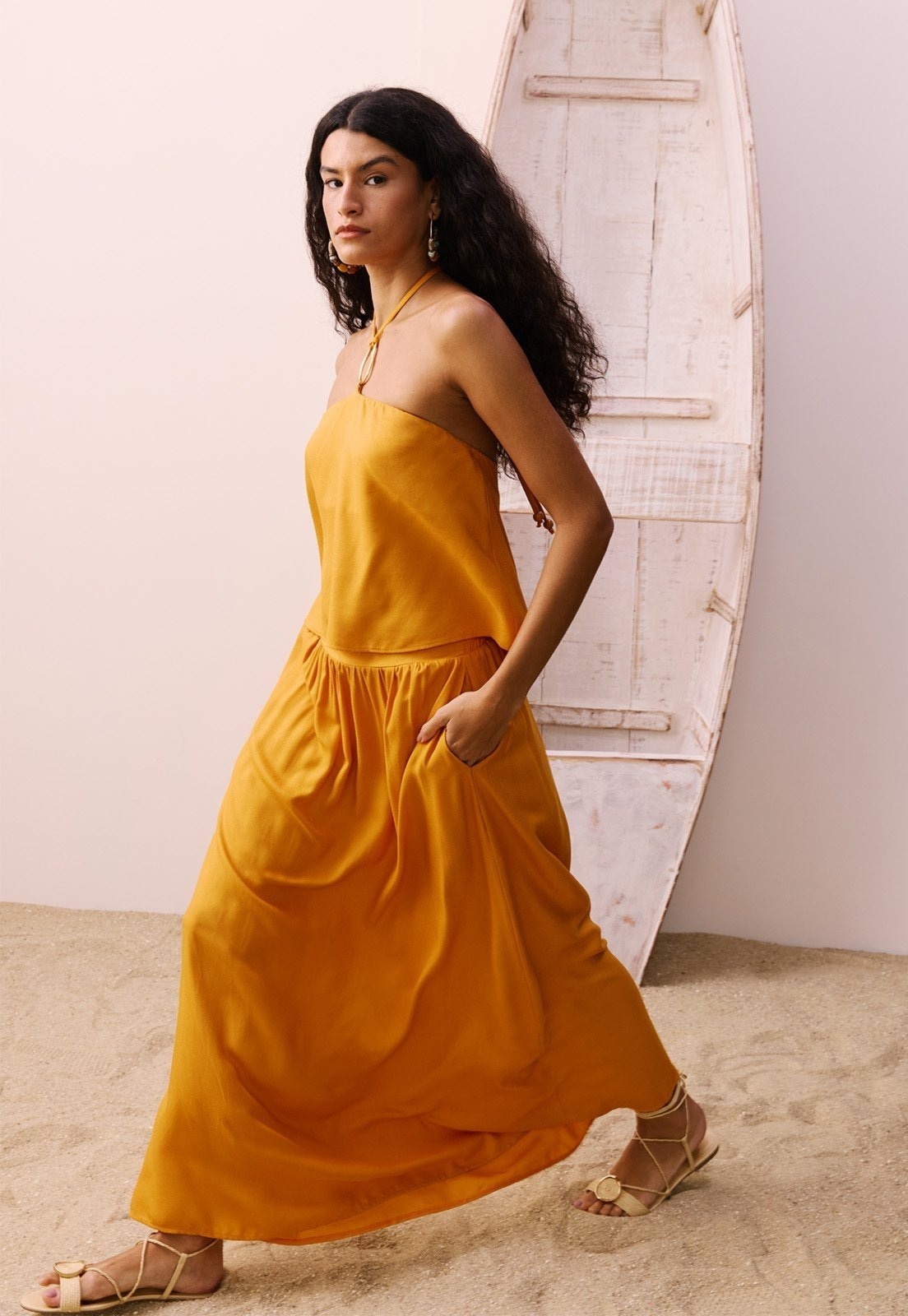 Imagem principal Saia Evasê Midi com Elástico CaCay amarelo