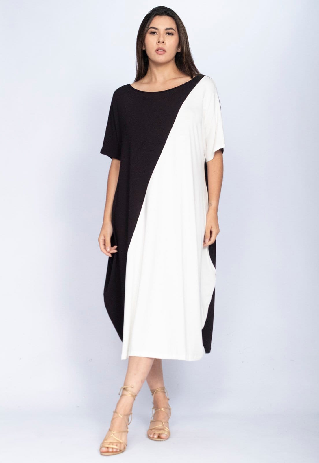 Vestido Amazonia Vital Midi Malha Amplo Bicolor e