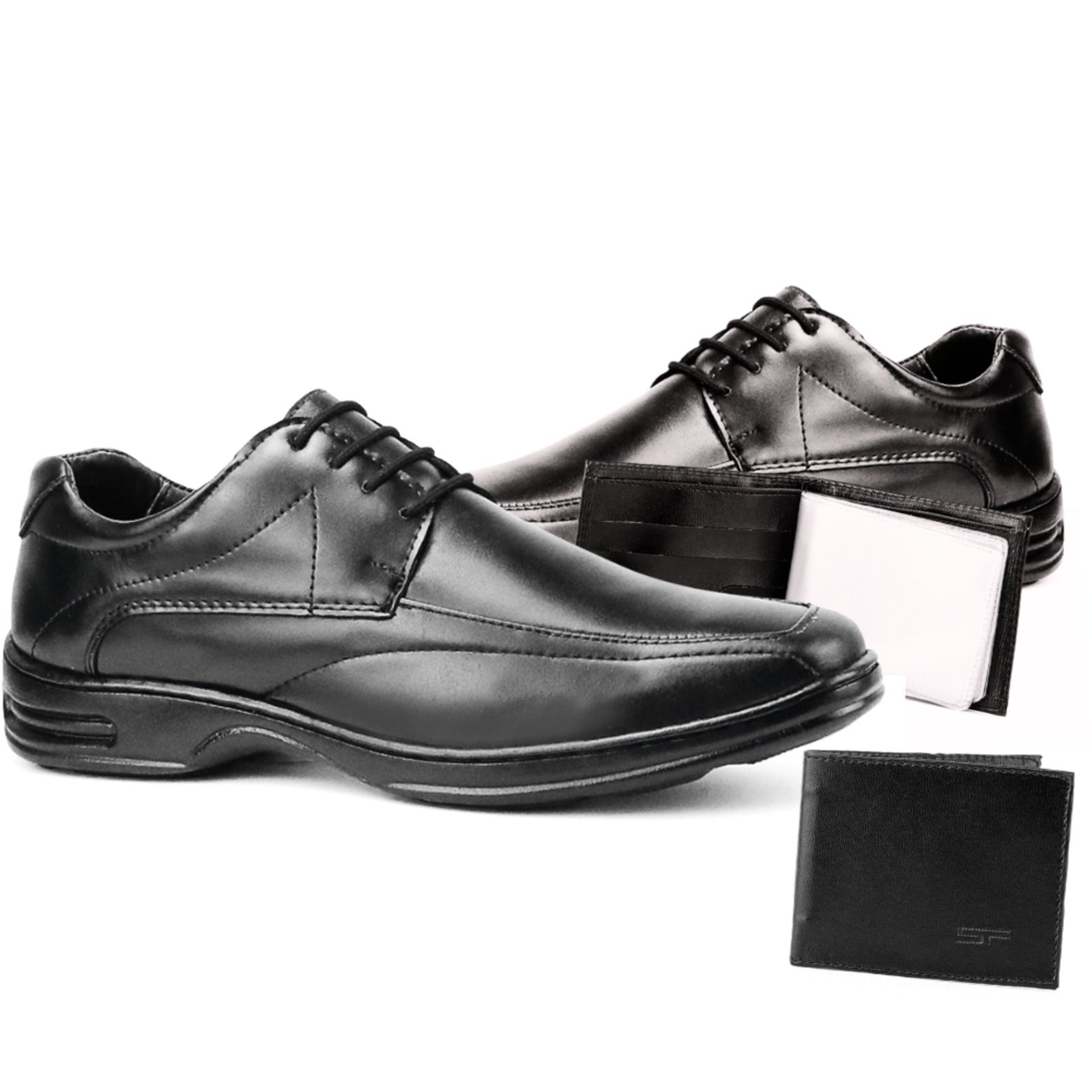 Imagem principal Sapato Social Kit Masculino Couro Ortopédico Cadarço Anatômico Com Carteira Utilitária Sapatofran preto