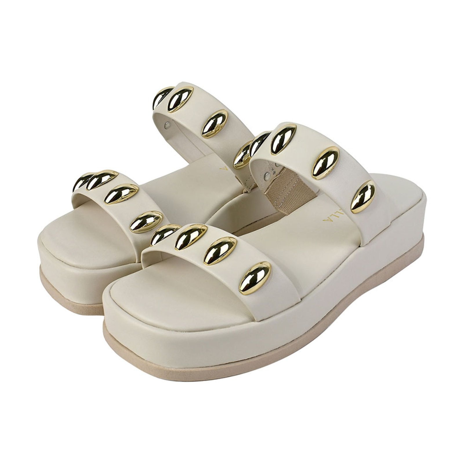 Imagem principal Sandália Feminina Donatella Shoes Flatform Tamanco Plataforma Com Aplicação Dourada Duas Tiras Casual Off White Monte Shoes branco white