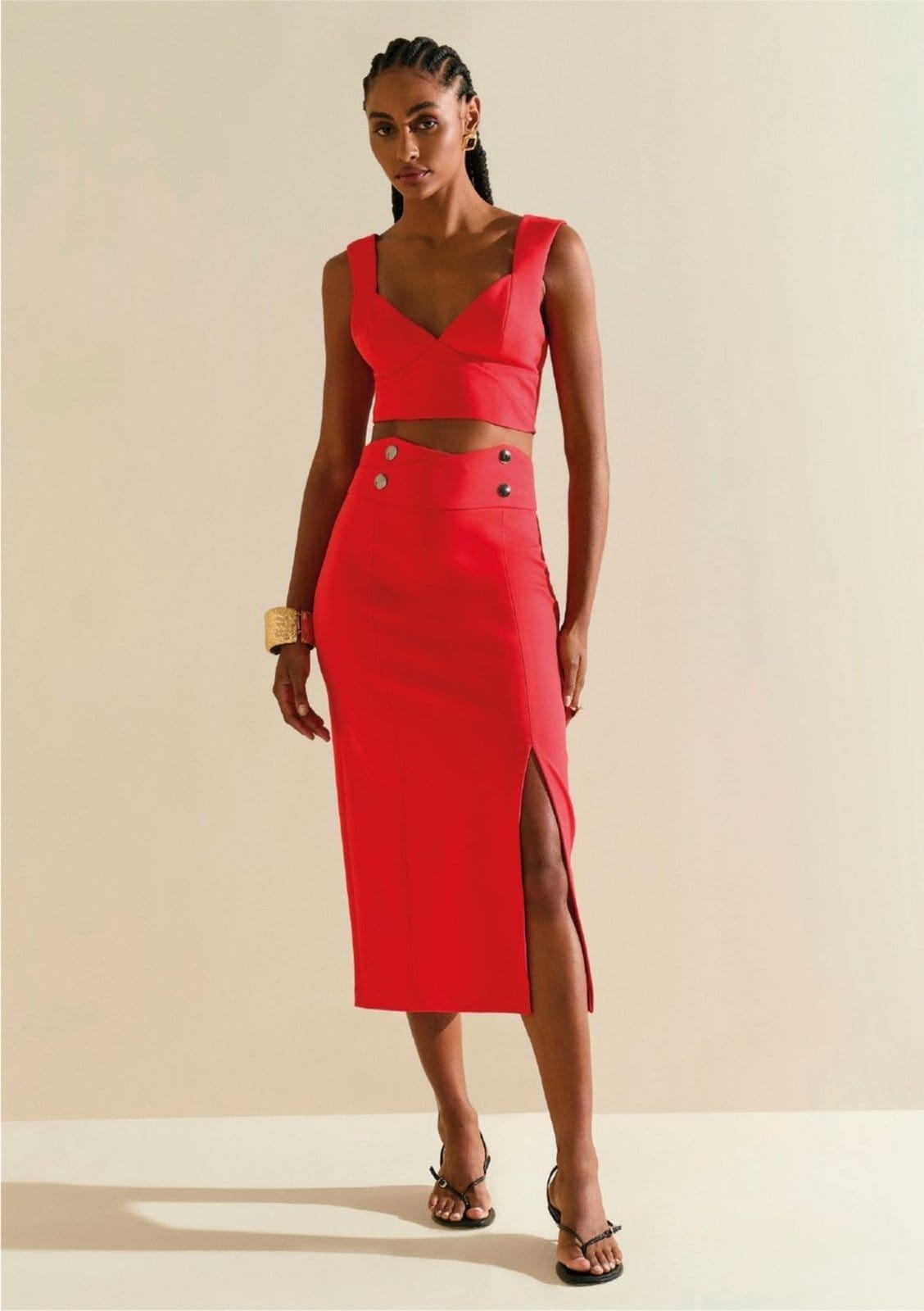 Saia Morena Rosa Reta Alta Midi Estampado