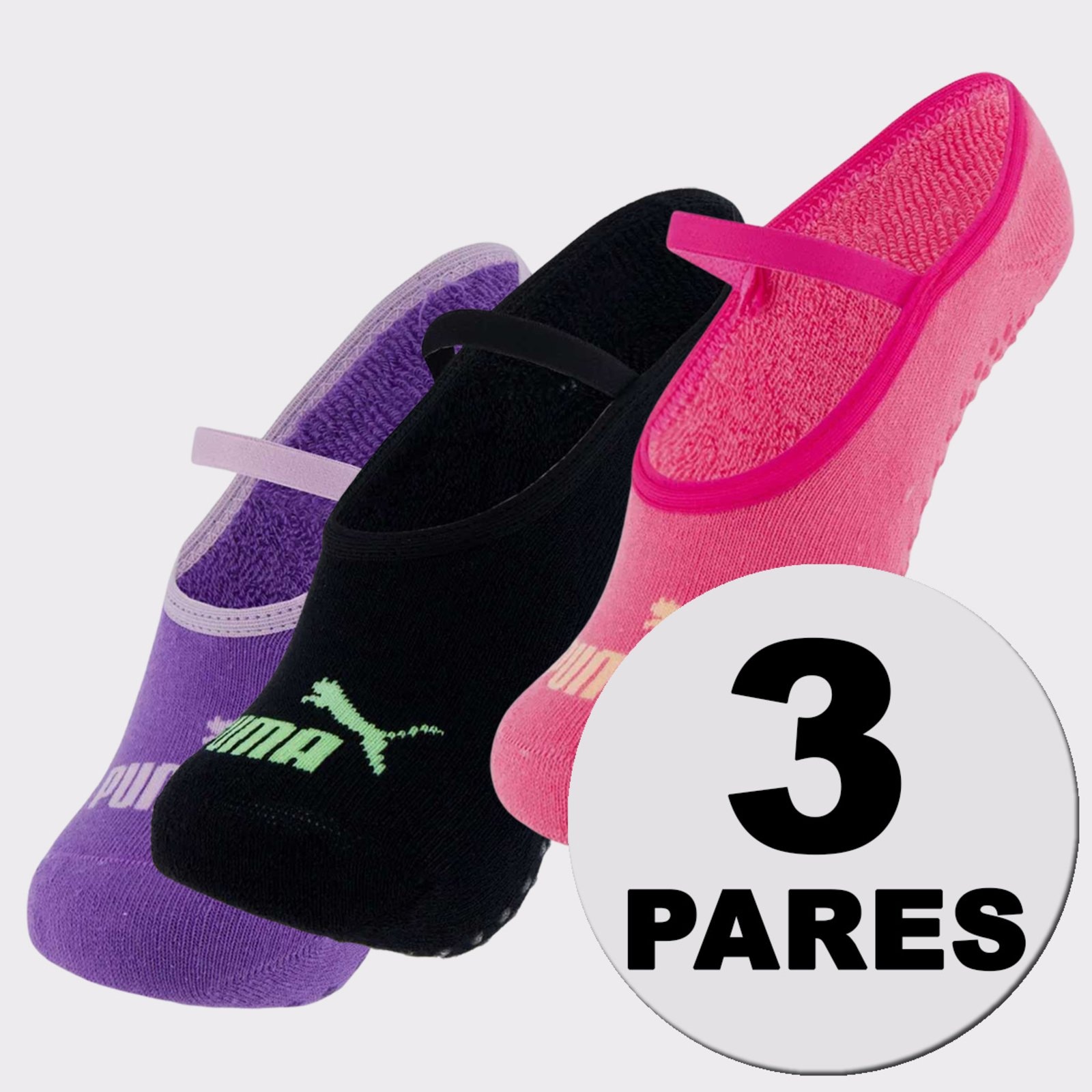 Imagem principal Kit Meia Puma Pilates Feminina 3 pares Roxa e Preta e Puma rosa
